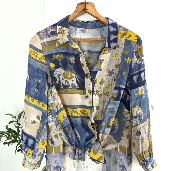 Vintage Tops - Vintage Linen Elephant Naturally Dyed Handmade Top